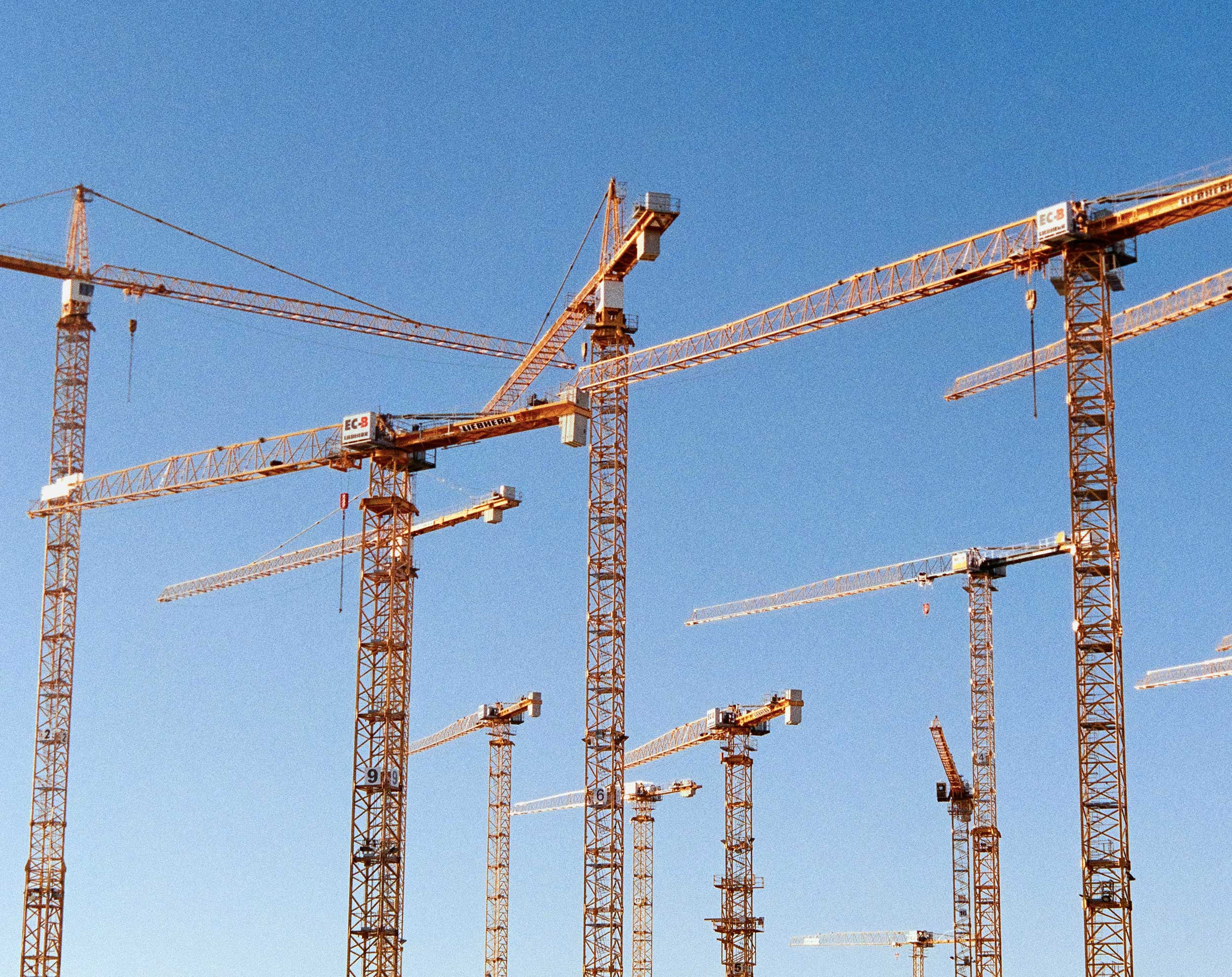 Meerdere oranje torenkranen op een bouwplaats onder een heldere blauwe lucht.
